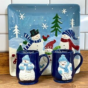 St. Nicholas Square “Chill Out” Snowman Platter With Snow Buddies 2000 Blue Mugs